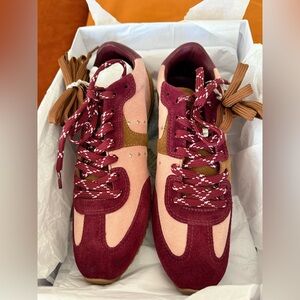 Larroude Women's Stella Sneakers in Tulip/Russet/Wine Suede Size 9